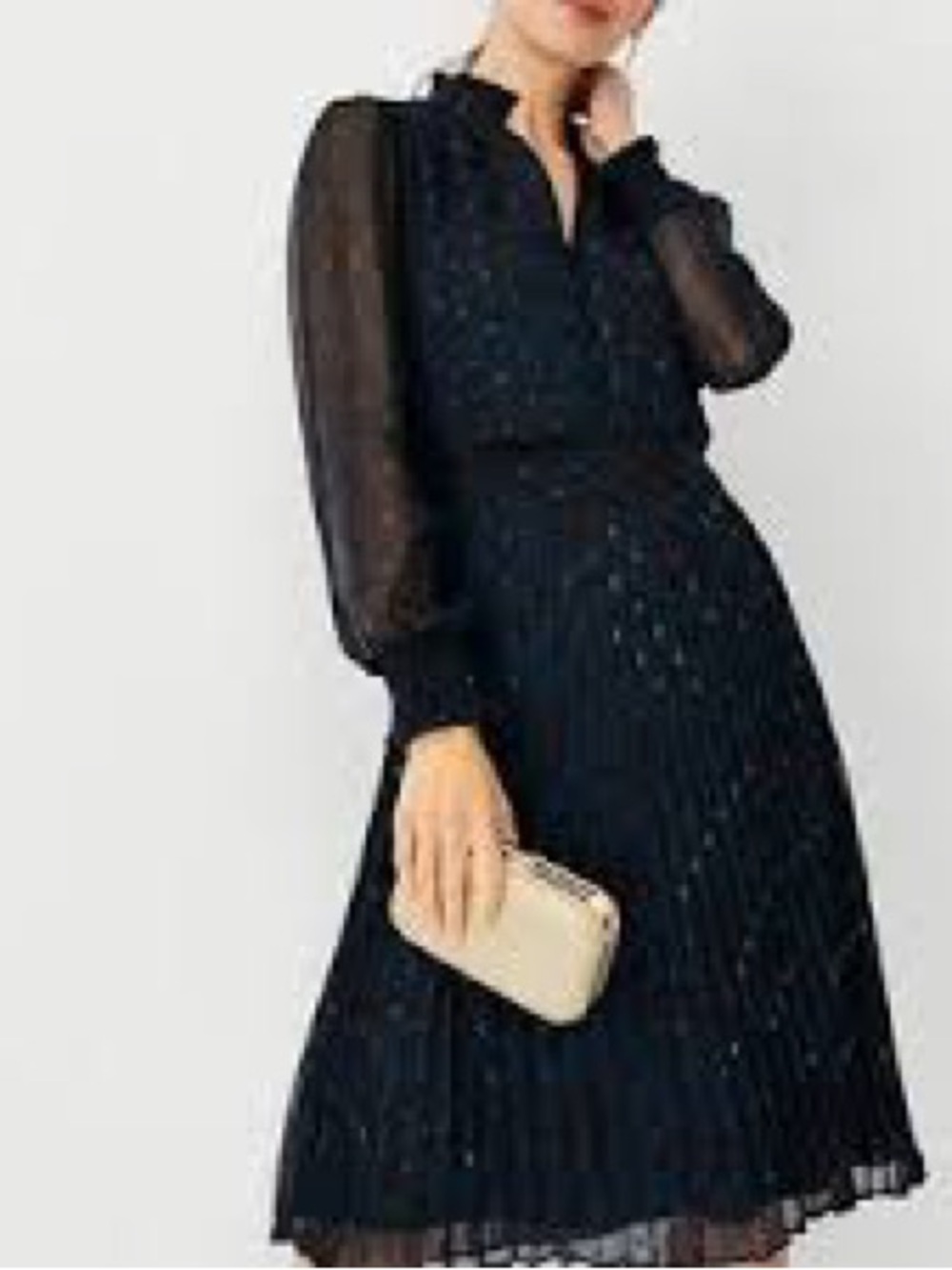 Ann Taylor Petites Black/Navy Sheer Floral Pleated Midi Dress 6P